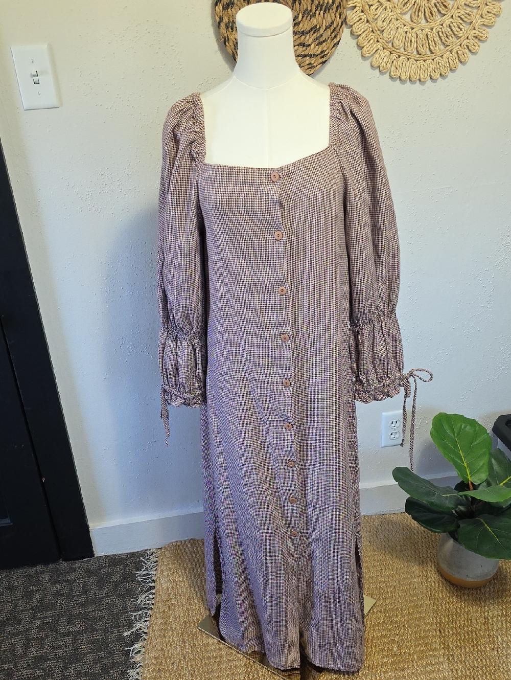 Conrado City to Beach Houndstooth Brown Peasant Milkmaid Button Down Dress Women